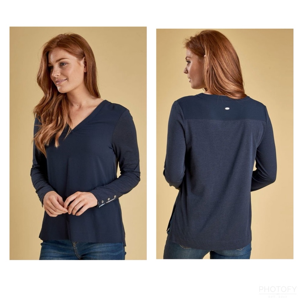 BARBOUR Globe Top Long Sleeve Summer Tartan V-Neck Navy Blue Mixed Media Sz 12